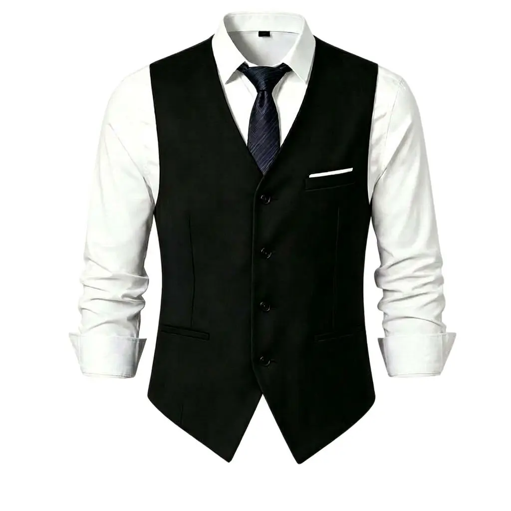 TweedLad Men's Classic Plain V-Neck Button-Down Suit Vest, Formal Business or Casual Wear Waistcoat, Black