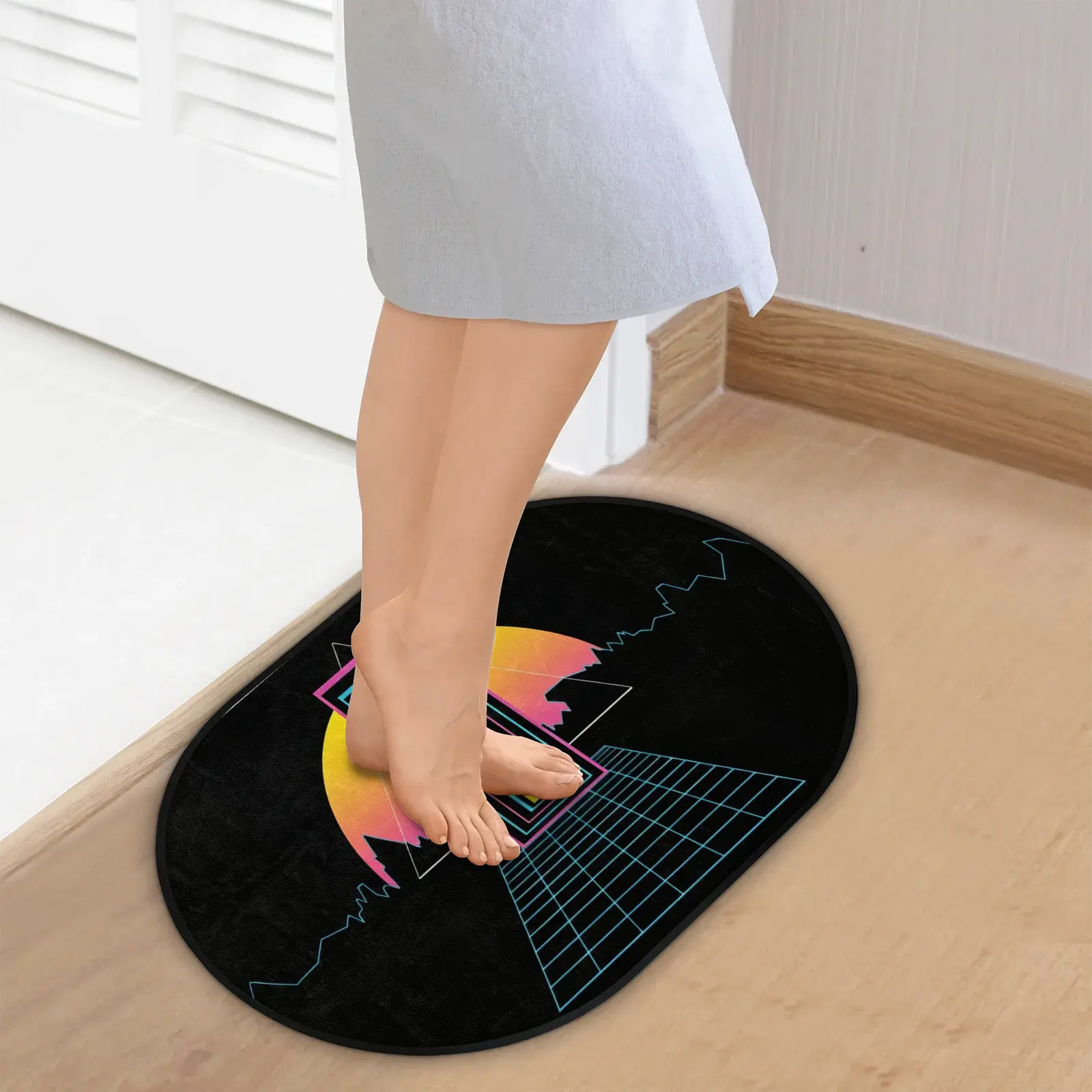 Retro Neon Welcome Tufted Velvet Blend Oval Doormat - 0.5cm, Washable, Anti-Slip, Water-Absorbing, 1-Piece Textile Mat for Home Interiors, Indoor Entry, Neon Geometric Themed Spaces, Yes, Hardwood Floor, Water Resistant