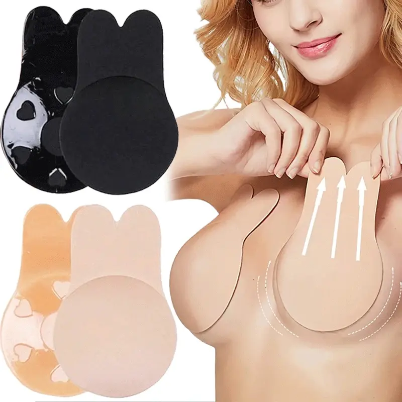 2 Pairs Women Push Up Bras Self Adhesive Sticky Silicone Strapless Invisible Bra Reusable Breast Lift Tape Rabbit Ear Nip Cover Bra Pads Wireless Compression Bras Wirefree Bra