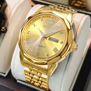 OLEVS G9931 Men's Diamond Business Dress Watch Analog Quartz Stainless Steel Waterproof Luminous Date Two Tone Luxury Casual Wristwatch with Push Button Foldover Clasp