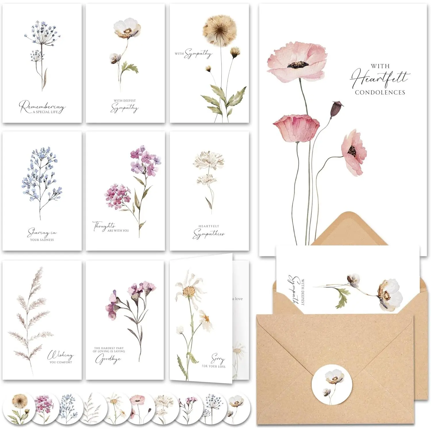 20 Assorted Durable Sympathy Cards with Envelopes (4"x6") - Bulk Condolence Cards for Friends, Thoughtful Messages, Adhesive Envelopes, Stickers & Single Flower Watercolor Design, 20 Wildflowers Sympathy Cards