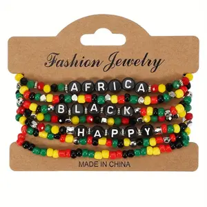 Juneteenth Bracelet Set – Africa, Black, Happy | Colorful African Beaded Stack | Boho Elastic Bracelets | Red, Black, Green Festival Jewelry (Unisex)