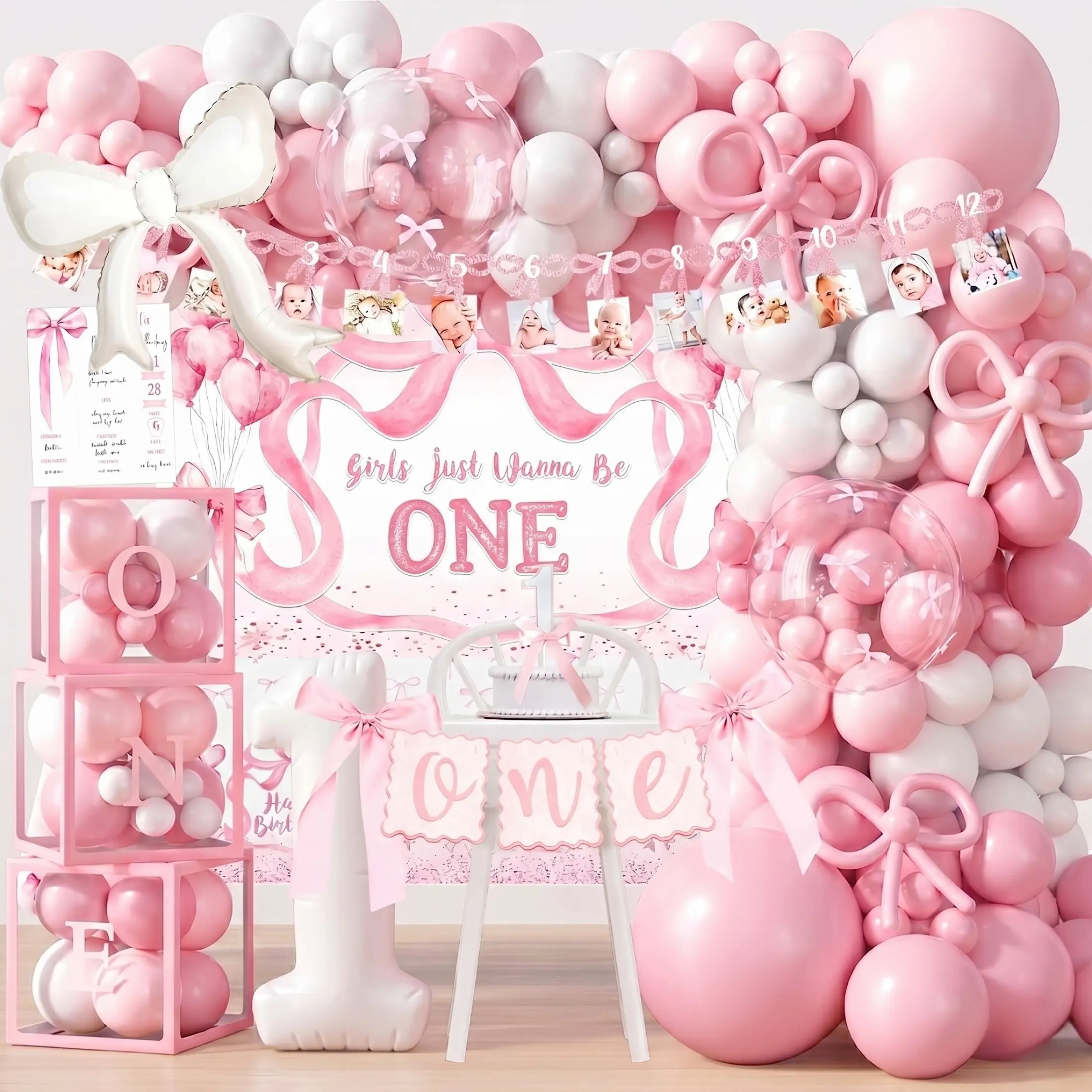 Cute Pink Bow Girls' 1st Birthday Party Decorations Set, Multiple Items Including Print Backdrop, 1st Birthday Arch, High Chair Banner, Poster, Garland & Decor Box Festive Supplies Pack