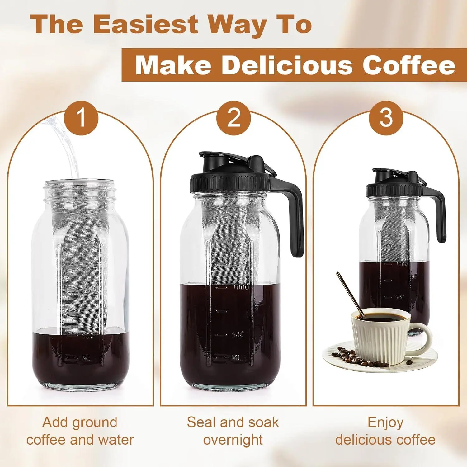 Cold Brew Coffee Maker Jug, 64 oz (approx. 1.8 kg) Heavyweight Glass Mason Jar Jug with Spout Handle Lid, Stainless Steel Filter, Ideal for Iced Coffee, Iced Tea, Fruit Drinks, Lemonade - Black