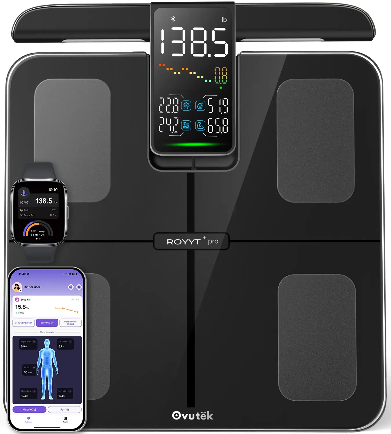 Ovutek 8-Electrode Smart Body Scale, 57 Full Body Composition Analyzer, 5.3 Inch Large Color Display Digital Bathroom Scale, Accurate Weight BMI Body Fat Muscle Mass Monitor, Supports Up to 500lbs