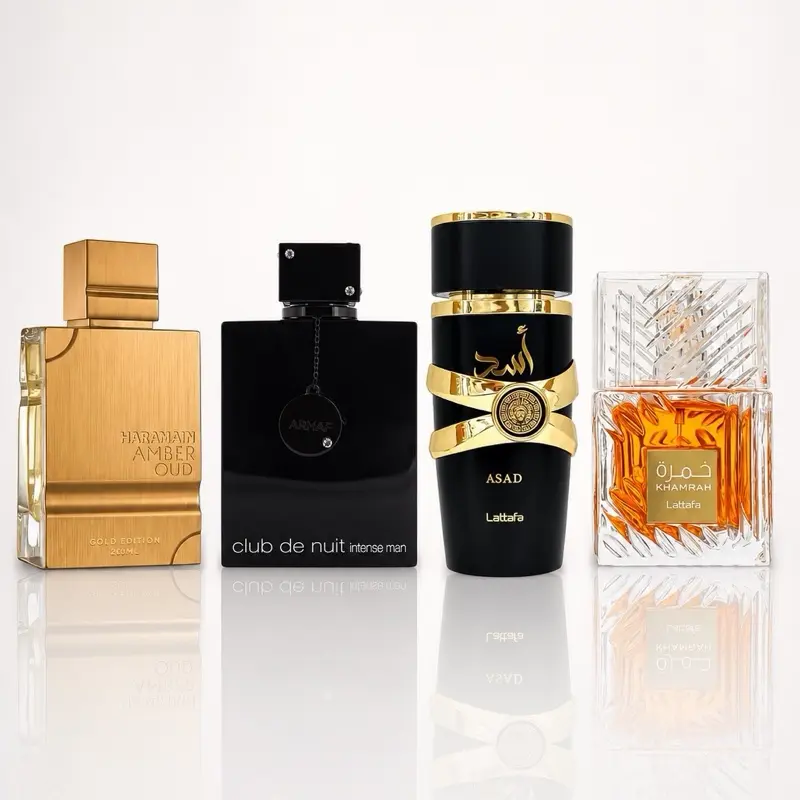 Premium Fragrance Mega Bundle - Amber Oud Gold (60 ML), Club de Nuit Intense Men, Asad, Khamrah (Each 3.4 Oz) By Lattafa