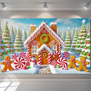 Christmas Candyland Gingerbread House Backdrop 71x43 Inch | Peppermint Lollipop Trees, Gingerbread Men & Snowman Winter Wonderland Scene | Holiday Party Indoor Outdoor Wall Banner Decoration, Christmas candy, party banner, Candy cane decorations, hanging
