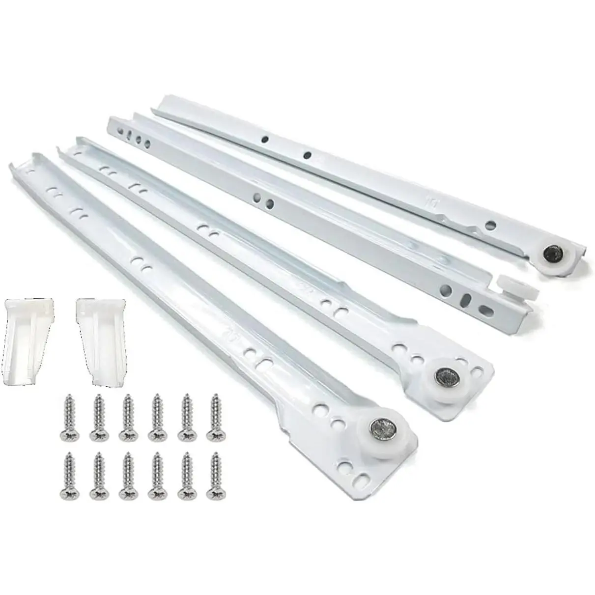 10-Inch White Euro Cabinet Drawer Slides, Double Stopper Functional Hardware with Brackets + Screws, 75 lbs Capacity Cold Rolled Steel, Powder Coat & Epoxy Coating, Corrosion-Resistant Long-Lasting