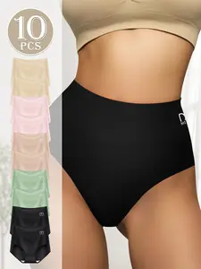 QUASTI 10-Packs High-Waisted Solid Ladies Briefs, Fashion Colorful Cotton Cozy Women's Underwear, Breathable Comfortable Briefs Set for Women's Summer Wear, Best gifts for Girls Back to School, S-XXL/ 5Colors