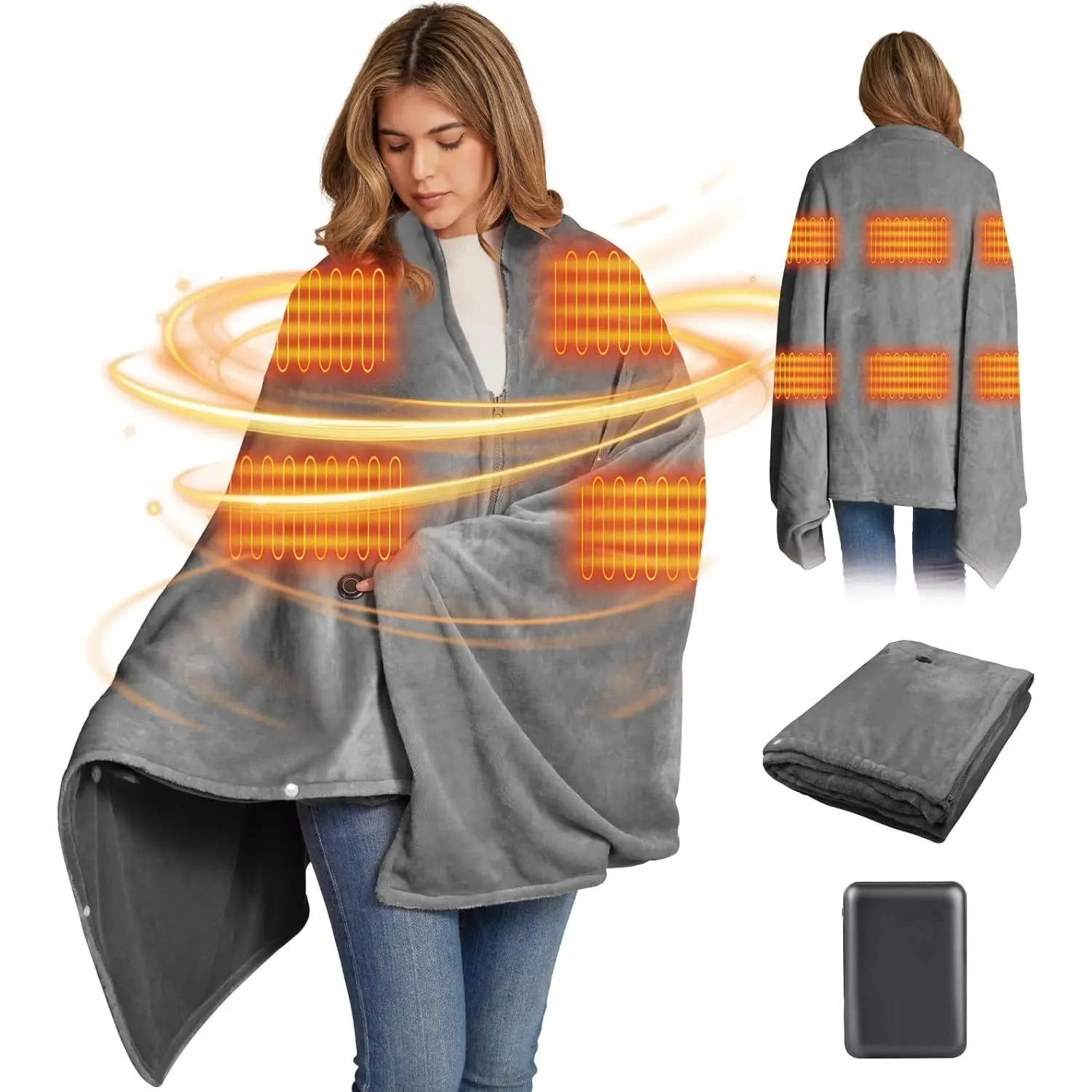 16000mAh Heated Blanket Battery Operated Soft Cordless Heated Blanket Shawl Portable Heated Throw Blanket Poncho Wraps Fast Heating with 3 Heat Levels 6 He