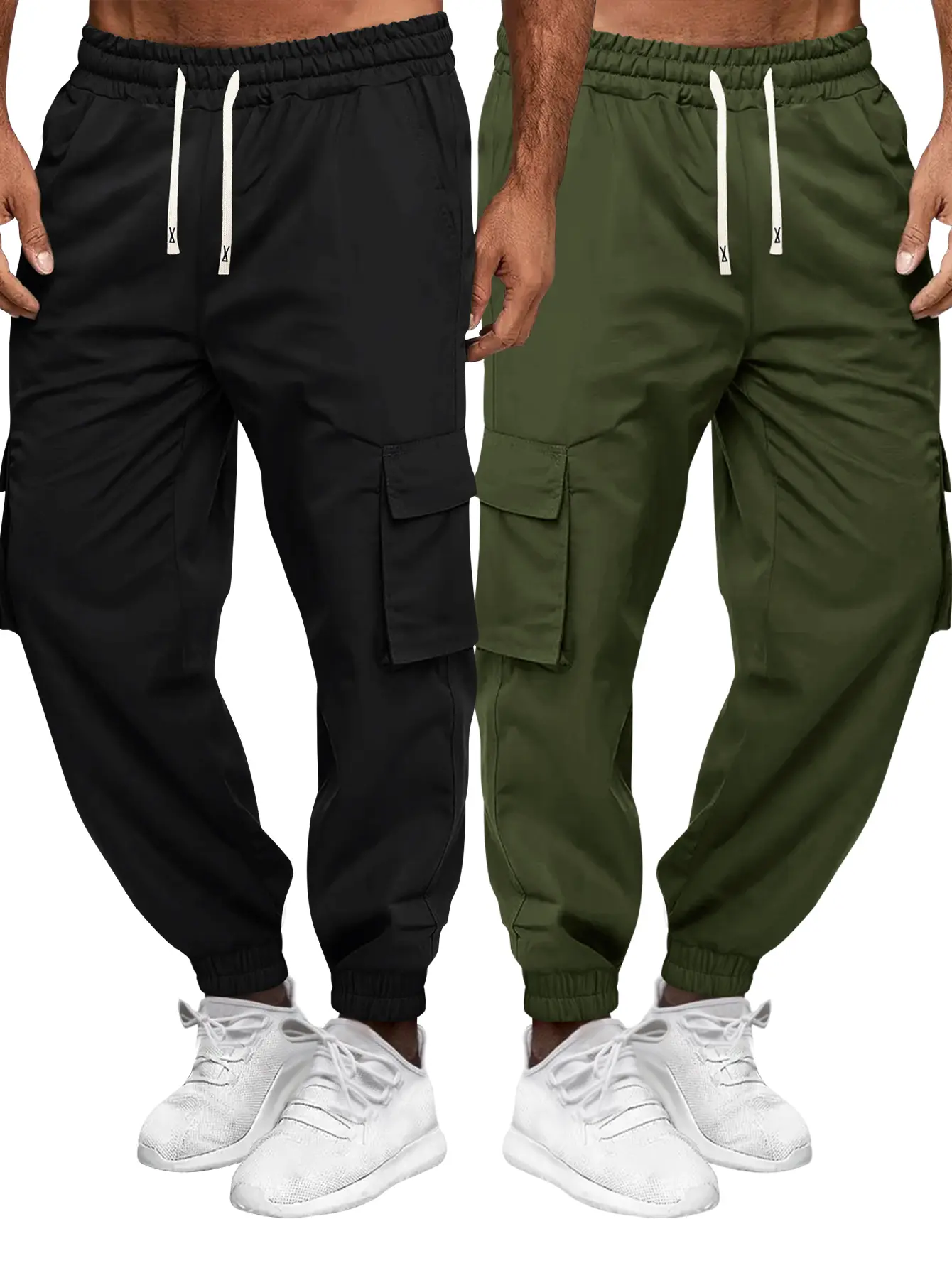 Men's 2-Pack Soft Stretchable Solid Color Workwear Jogger Pants - All-Season, Multi-Pocket, Lightweight Stretch Waist, Drawstring Closure, Fitted Cut, Athletic Look, Comfortable Casual, Polyester Knit, Soft Stretchable Jogger, Solid Color Joggers