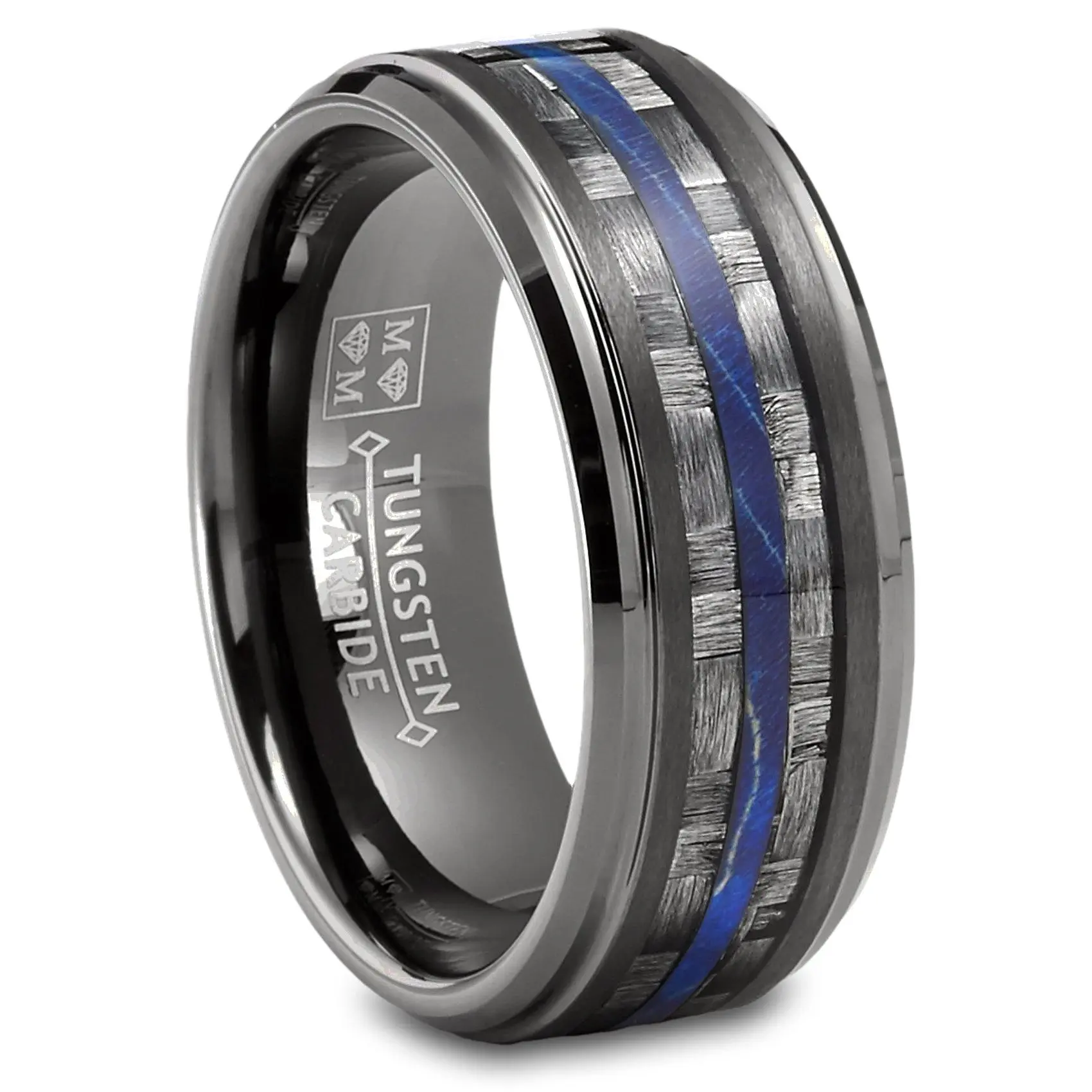 Mens Carbon Fiber Tungsten Carbide Ring Blue Wood Wedding Band Gunmetal 8MM