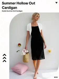 Women's Summer Short Sleeve Cardigan Knitwear, Elegant Cut Out Knit Shrug for Parties, Fitted Plain Design for Dating & Daily Wear, Light