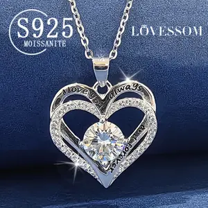 925 Silver 1-Carat Moissanite Necklace, Fashionable Heart-Shaped Pendant with Unisex Design, High-End Proposal, Engagement, Wedding, Party Trend, Classic, Simple, Elegant, Unique, Sweet and Fresh Gift, Daughter, Mother's Day, Birthday, Valentine's Day, Ch