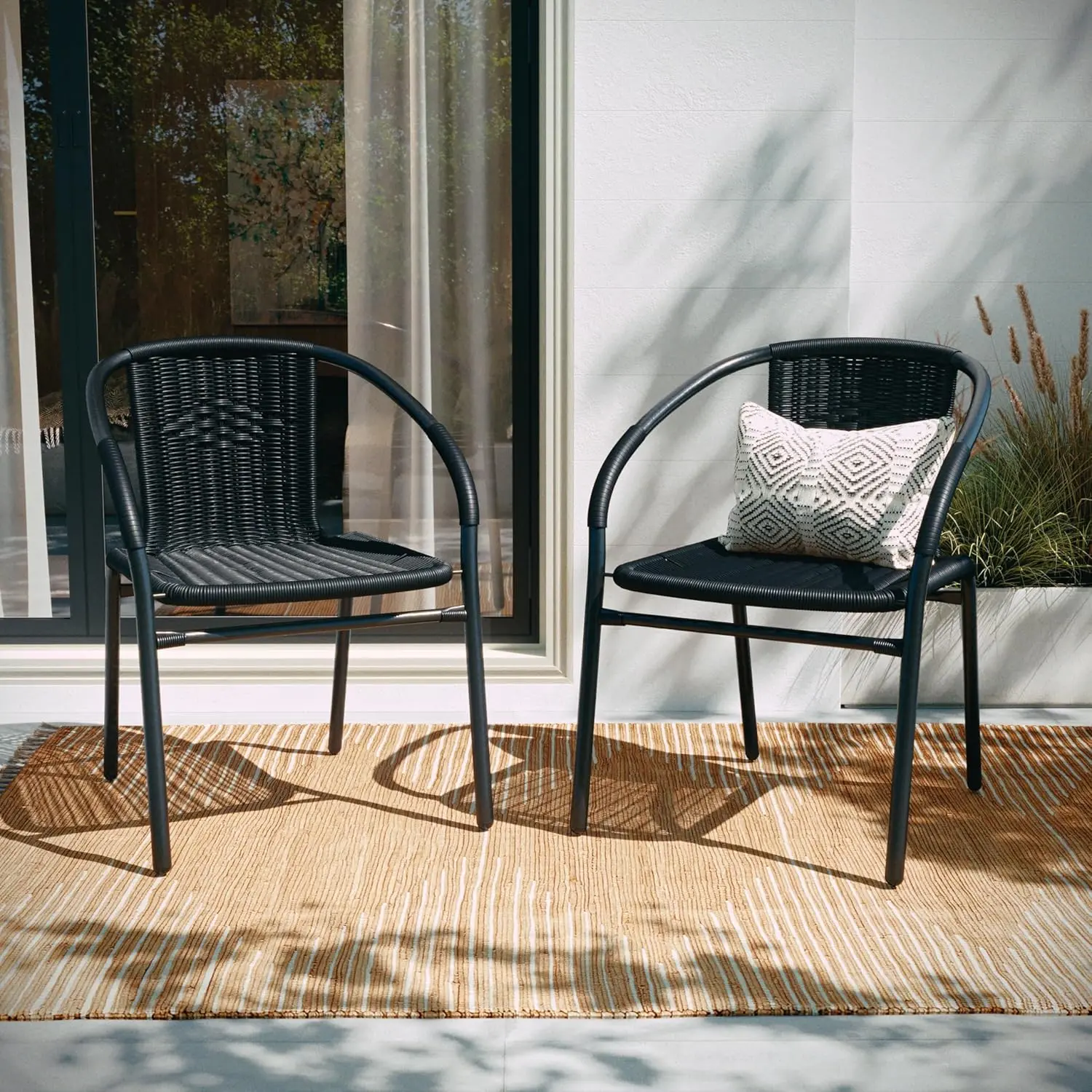 2 Pack Black Rattan Indoor-Outdoor Restaurant Stack Chair with Curved Back