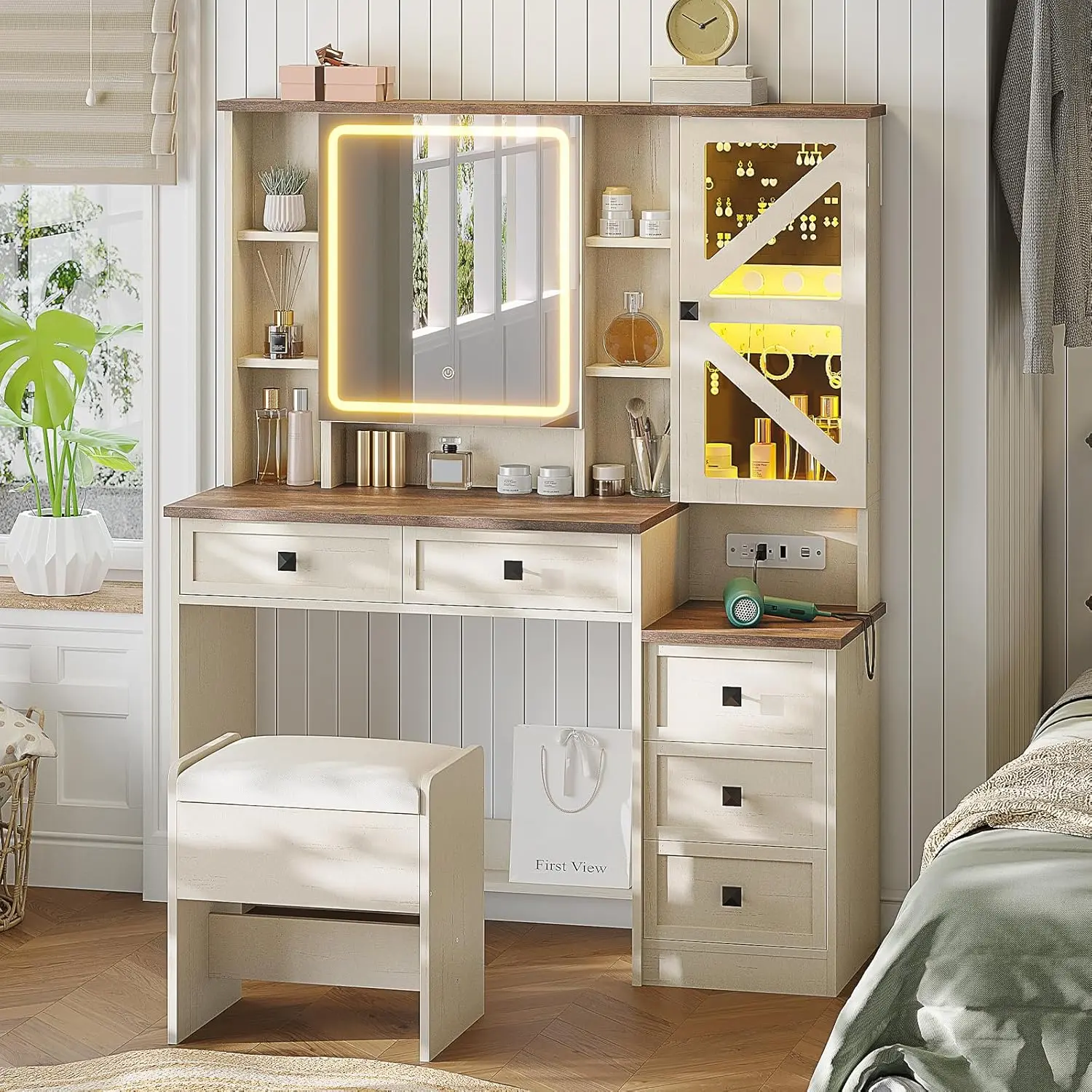 AOGLLATI Farmhouse Vanity Desk with Mirror and Lights, Makeup Vanity Set with Lights & Jewelry Cabinet & 5 Drawers, Vanity Table with Charging Station, Hidden Storage Space for Bedroom