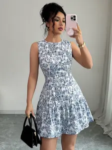 Elegant Floral Flower Print Sleeveless Cinched Waist Mini Dress For Women, French Style Woven Graduation Summer Outfit, Spring/Summer