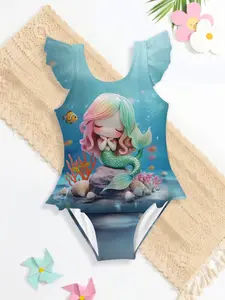 Fashionable Summer Lace Jumpsuit Swimsuit, Mermaid Theme Ocean Sweet Printed Unique Girls Pool Party Birthday Gift, Casual Outdoor Swimming, Swimwear