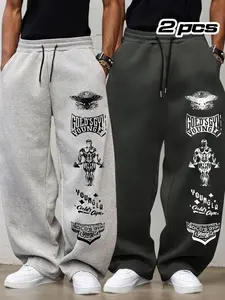 Men's 2-Piece Loose Drawstring Letter Print Sport Pants, Adjustable Waist, Outdoor Fitness Long Pants, Casual Straight Leg