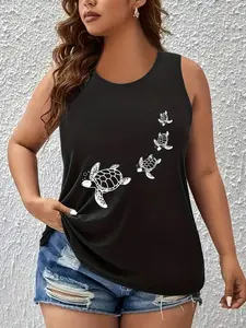 Women'S Plus Size Sleeveless Tank Top With Turtle And Hatchling Print - Casual Black V-Neck Vest For SpringSummerFall, Stretchy Fabric, Machine Washable, Summer Tank Top