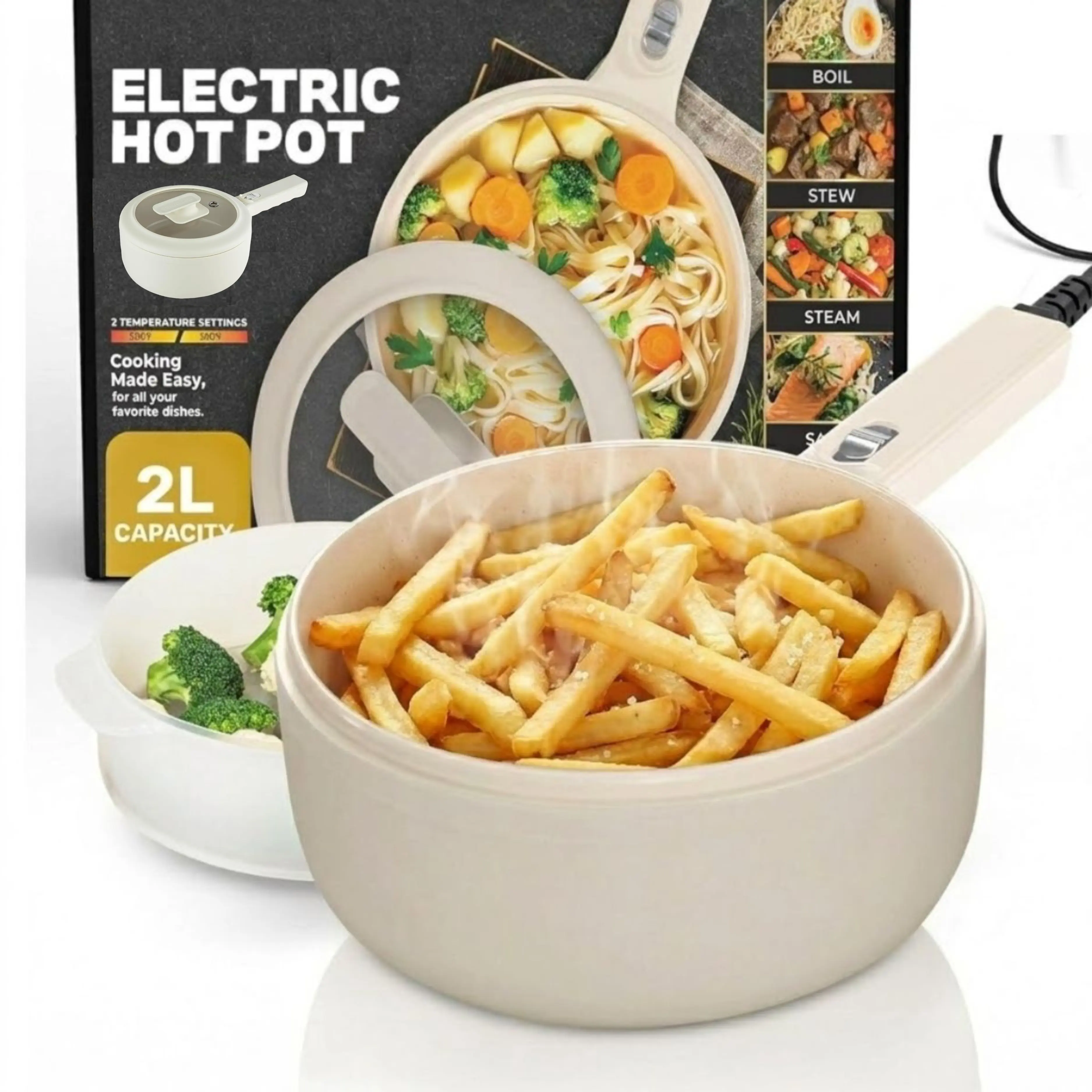 PRO 1.5L Electric Hot Pot with Lid & Steamer | Adjustable Temp, Non Toxic Ceramic Cooker Skillet for Ramen, Eggs, Pasta for Dorms, Camping, RV - New Improved 2026 Model