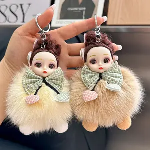 Charming Soft Plush Sleeping Doll Pendant, Fashion Accessory with Green Bow & Fluffy Tail, Girly Heart Bag Decoration & Car Keychain