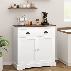 GARVEE Coffee Bar Cabinet, Modern Farmhouse Buffet Cabinet with 2 Drawers and Adjustable Shelf, Double Door Kitchen Cabinet, White