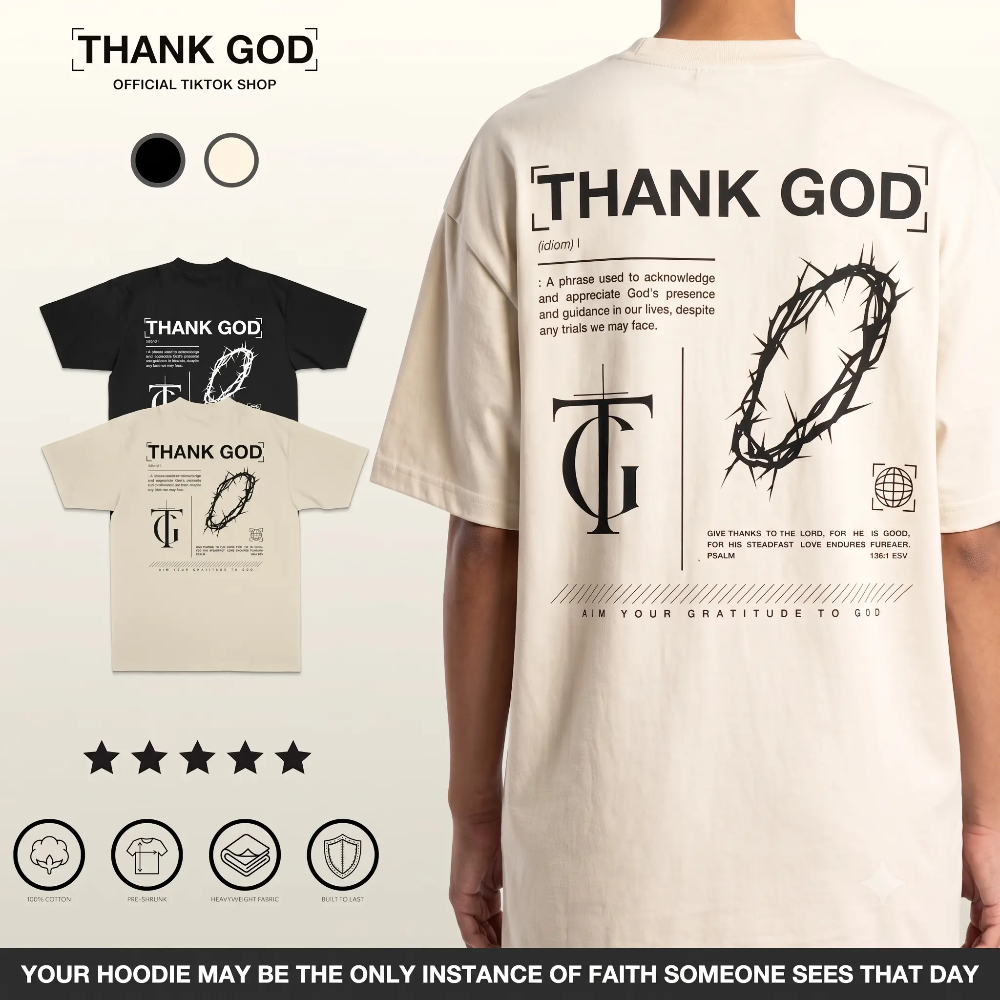 Menswear Round Neck Short-Sleeve Casual Cotton T-Shirt - Unisex Oversized Heavyweight Pre-Shrunk Christian "Thank God Redefine" Fabric Tee
