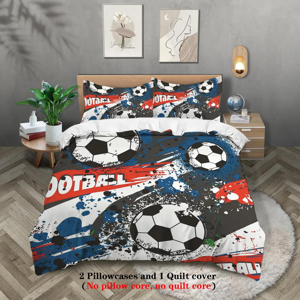 3-piece Cartoon Football Pattern Printed Fashion Bedding Set, Includes 1 Duvet Cover + 2 Pillowcases, Suitable for Couples or Single Bed Size, All Seasons Appropriate, Birthday Gift for Teenagers and Adults Bedroom