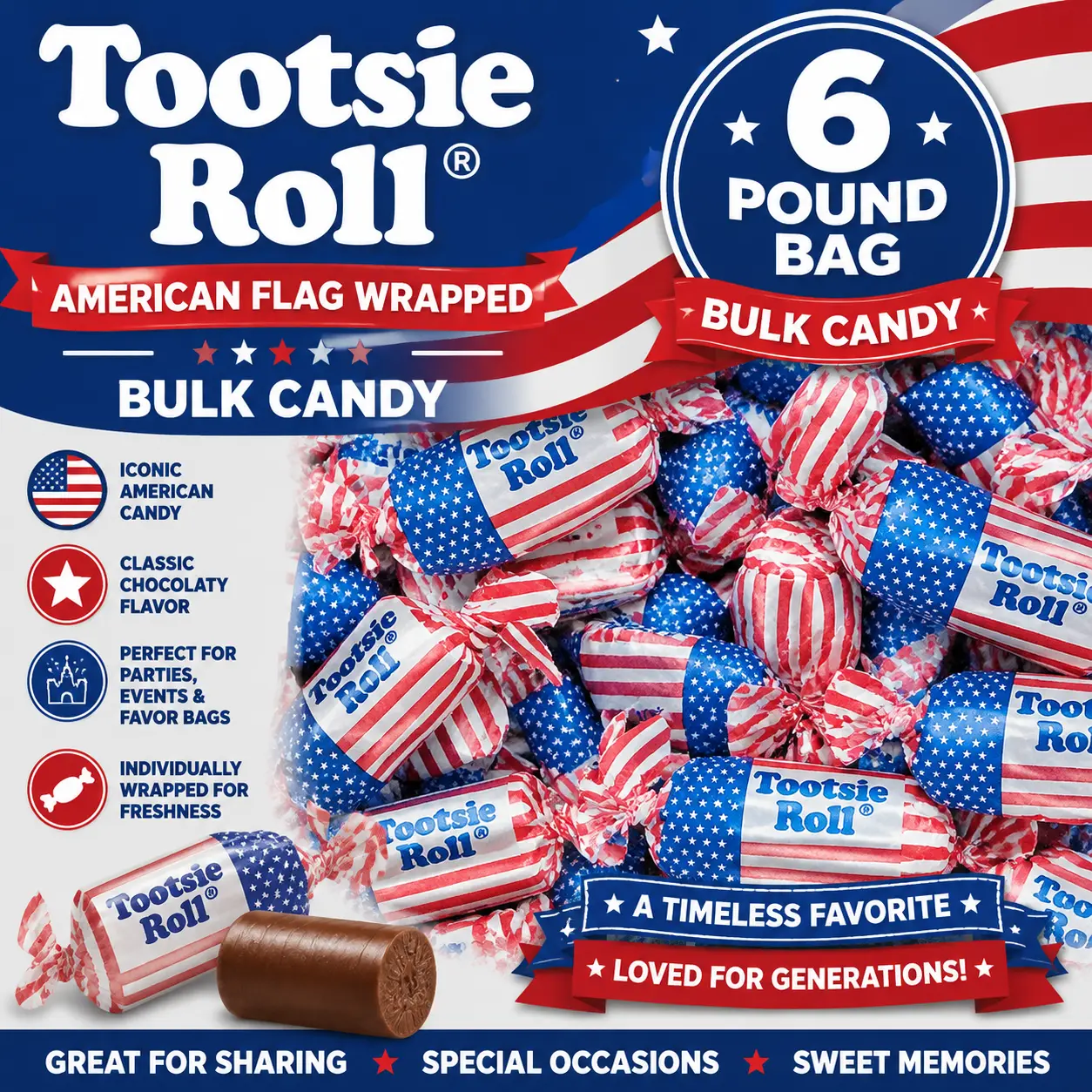 Tootsie Roll American Flag Wrapped Candy 6 lb Bulk Bag  Classic Chocolate Chewy Candy | Patriotic Party Treats & Events