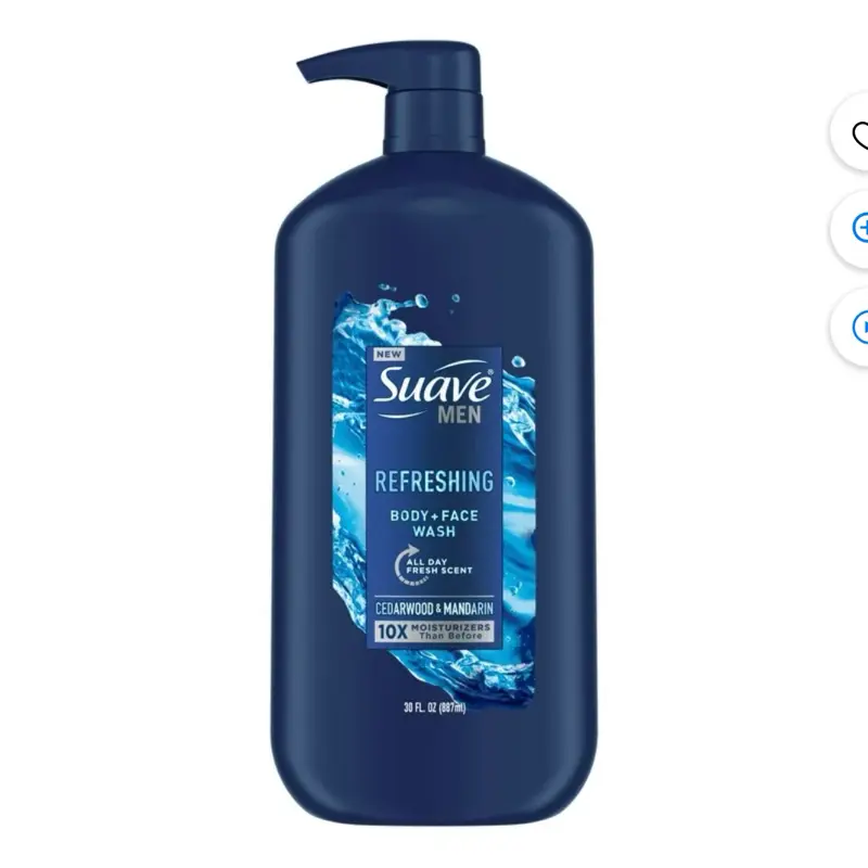 Suave Men Refreshing Face & Body Wash, Hydrating Moisture for Daily Body Care, Helps Maintain Skin's Natural Balance, 30 oz, Hydrate, Moisturizer, Bottle, Adults, Liquid, All Day Protection, Invigorating