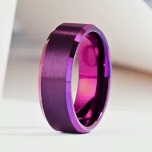 1 8mm Purple Stainless Steel Tungsten Ring Unisex – Matte Finish with Beveled Polished Edge, Simple and Durable Fashion Band Ring for Men and Women, Ideal for Daily Wear, Engagement Ring or Couple Ring