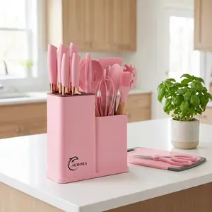 XBJ 19-Piece High Carbon Stainless Steel Sharp Knives Kitchen Set, Blush Pink Nonstick Silicone-Wooden Handles Cutlery with Scissors for Kitchenware Utensils Cutting