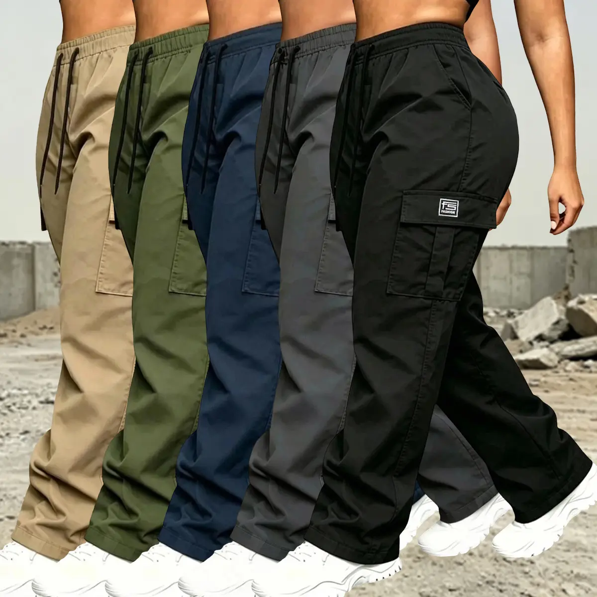 Set of 5 women’s solid-color cargo pants with an elastic waistband for easy wear and side large pockets for convenient storage. Suitable for everyday casual wear, outdoor activities, and work; suitable for all seasons. Women’s apparel, women’s cargo pants