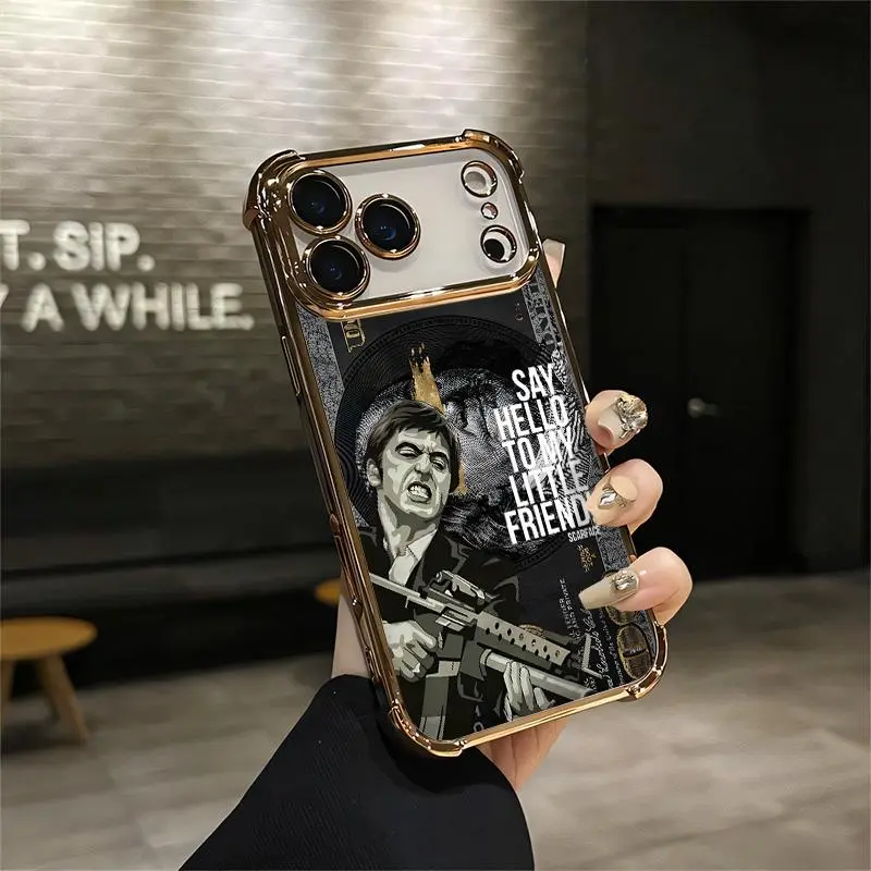 Tony Montana "Scarface" "Say Hello to My Little Friends" Four-corner Thickened Mobile Phone Case for iPhone 17 Air 16 15 14 13 12 11 Pro Max Plus border Electroplating with counter-fall Safety Cushion 2D printing