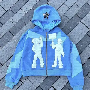 Y2K American high street trend jacket — creative embroidered zip-up hoodie, Harajuku fashion retro oversized sweatshirt for women, blue casual long-sleeve aesthetic menswear pullover