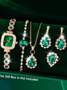 6-piece set of square women's quartz watch, pull-out women's bracelet watch, fashionable diamond studded fashion watch, Elegant Jewelry Set, Matching Jewelry Set