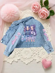 Girls' K-Pop Denim Jacket, Fashion Light Blue Washed Collar Jacket, Sweet Cool Anime Girl Print, Spring & Fall School Trendy Top, Casual Cute Outerwear