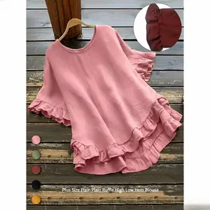 Plus Size Plain Ruffle High Low Hem Blouse, Casual Soft Fitted Round Neck Half Sleeve Woven Top for Summer, Women's Plus Size Clothing for Daily Wear Sports and Outdoors