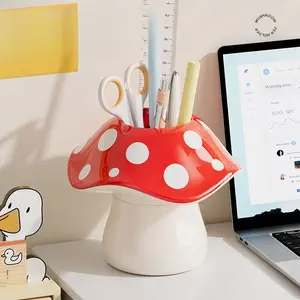 Cute Mushroom Storage Box with Polka Dot Lid and Base, Multifunctional Desktop Organizer for Pens Pencils Makeup Brushes, Office Accessories, Stationery Storage Organizer, Pen Cups, Pen Holders