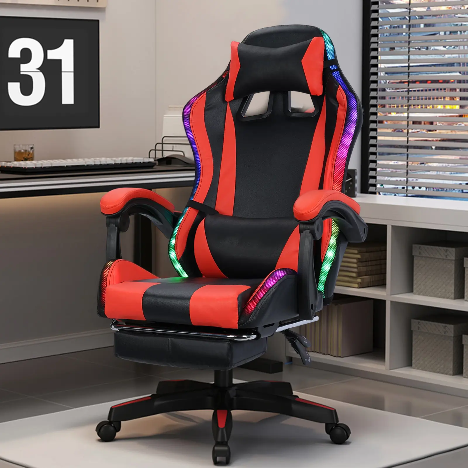 Gaming Chair with Bluetooth-compatible Speakers and RGB LED Lights, Ergonomic Massage Computer Gaming Chair with Height Adjustable, Video Game Chair High Back with Lumbar Support