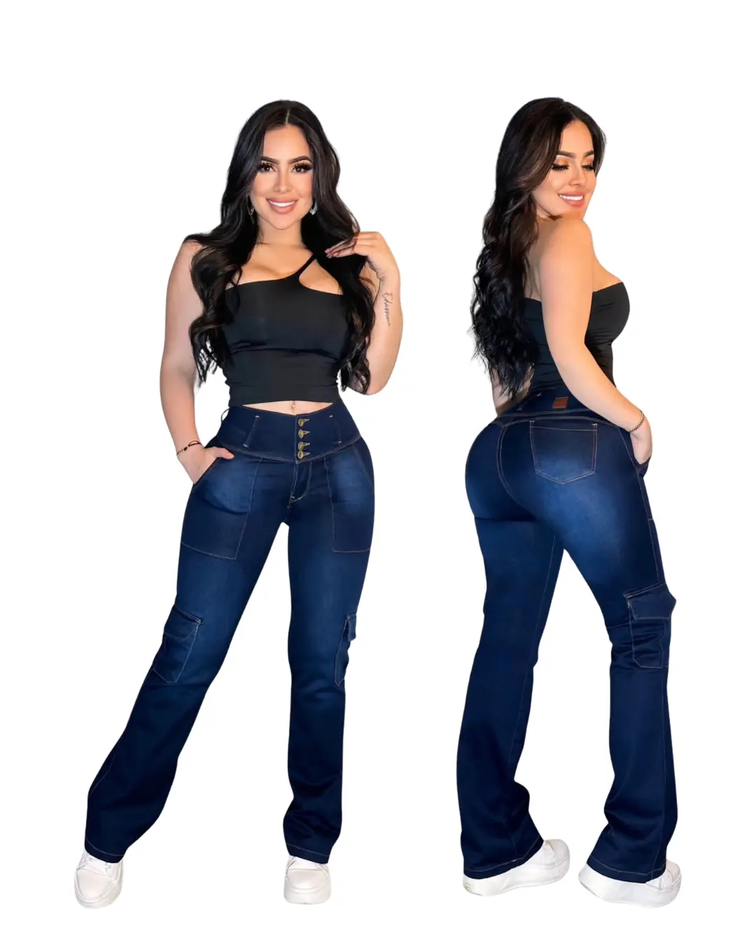 Women's Colombian Denim Bottoms, High-Waisted Cargo Pants with Side Pockets, Stylish Jeans