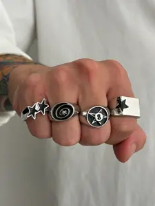 Men's Star Adjustable Rings Set, Stackable Rings, Stacking Ring Set, Punk Street Style Party Jewelry, Vintage Hip-Hop Trendy Accessories for All Seasons