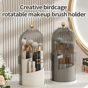 Rotatable Makeup Brush Organizer, Dustproof Cosmetic Storage Box for Home & Travel Birdcage Makeup Brush Holder, 360° Rotating Vanity Organizer