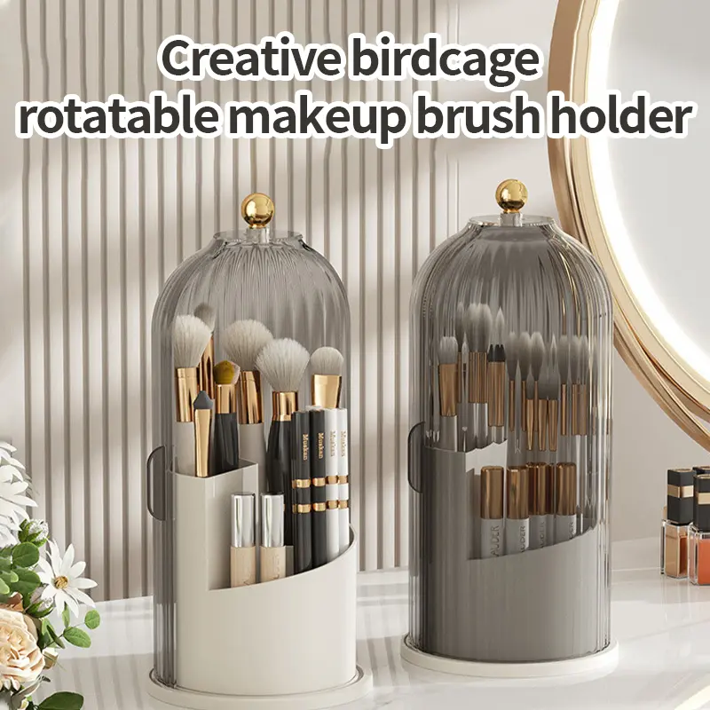 Rotatable Makeup Brush Organizer, Dustproof Cosmetic Storage Box for Home & Travel Birdcage Makeup Brush Holder, 360° Rotating Vanity Organizer