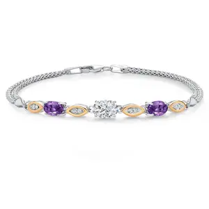 1.98 Cttw 925 Silver and 10K Yellow Gold IGI Certified Lab Grown Diamond and Purple Amethyst Bracelet For Women | Center Diamond 1 Ct | E-F Color | VS1-VS2 Clarity | 6.5/7/7.5 Inches