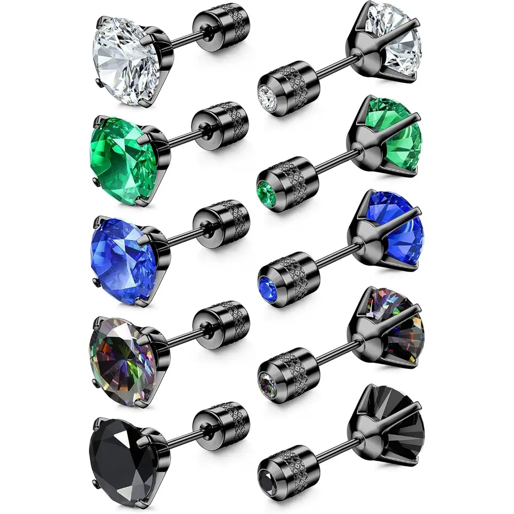 5 Pairs Titanium Screw Back Surgical Stainless Steel Stud Earrings for Women Men, Rainbow 5A Cubic Zirconia Sleep Hypoallergenic Stud for Sensitive Ears