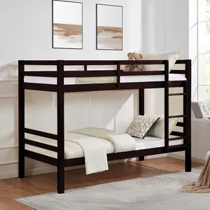 Twin Over Twin Wooden Bunk Bed | Thick Solid Posts | High Safety Guardrail | Built-in Ladder | No Box Spring Needed | Espresso | For Kids Teens Dorm
