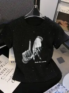 Summer Silver Sequin Y2K Style T-Shirt, Casual Short Sleeve Slim Fit, Metal Print, All Season Women's Top, Trendy Streetwear