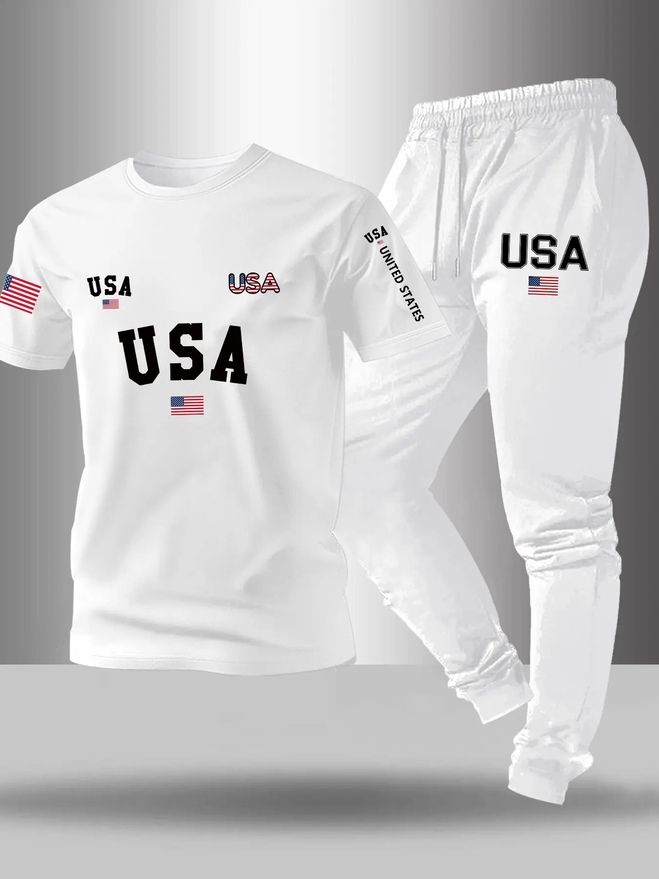 Men's Usa Letter Flag Print Set, Spring Summer Knitted Stretch Round Neck T-Shirt + Drawstring Casual Sport Pants, Outdoor Leisure 2-Piece Set, Sporty Outfit, Athletic Tracksuit Set, Streetwear Tracksuit Set